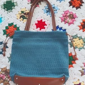 Furla leather and teal straw shoulder bag